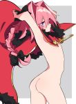  areolae arms_up ass astolfo_(fate) bangs border braid commentary_request eyebrows_visible_through_hair eyes_visible_through_hair fate/apocrypha fate_(series) from_side grey_background hair_between_eyes hair_intakes highres long_hair looking_at_viewer looking_to_the_side male_focus mg_nemuio nipples nude otoko_no_ko outside_border pink_hair purple_eyes simple_background single_braid solo very_long_hair white_border 