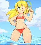  ;q ass_visible_through_thighs bangs bare_arms bare_shoulders bikini blonde_hair blue_sky blush_stickers breasts clothes_writing cloud collarbone day eyebrows_visible_through_hair fingernails floating_hair green_eyes green_ribbon groin hair_between_eyes hair_ribbon hand_on_own_stomach hand_up legs_apart long_hair looking_at_viewer navel nisetanaka ocean one_eye_closed outdoors ponytail red_bikini ribbon rockman rockman_(classic) roll shiny shiny_hair shiny_skin sidelocks sky small_breasts smile solo standing stomach swimsuit thick_thighs thighs tongue tongue_out v wading water wet wind 