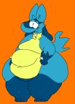  2018 ambiguous_gender anthro black_eyes canine deep_navel digital_drawing_(artwork) digital_media_(artwork) featureless_crotch full-length_portrait fur half-closed_eyes lemontree love_handles lucario mammal navel nintendo nude obese orange_background overweight overweight_ambiguous pok&eacute;mon pok&eacute;mon_(species) portrait simple_background smile solo standing thick_thighs tongue toony tuft video_games wide_hips 