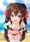  2018 :d armlet artist_name ass_visible_through_thighs bangs bare_shoulders beach bikini black_bikini blue_sky blush breasts brown_eyes brown_hair cloud cloudy_sky collarbone commentary_request cowboy_shot dated day eyebrows_visible_through_hair eyelashes fang frilled_bikini frills girls_frontline gmkj hair_between_eyes hair_ornament hair_ribbon hands_on_hips highres leaning_forward legs_together long_hair looking_at_viewer open_mouth outdoors pink_lips qbz-97_(girls_frontline) red_ribbon ribbon side-tie_bikini sidelocks skindentation sky small_breasts smile solo standing strap_gap swimsuit teeth thigh_gap thighhighs tongue twintails very_long_hair water wet wet_hair white_legwear 
