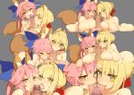 2girls absurdres animal_ears blonde_hair breasts brown_eyes facial fate/extra fate_(series) fellatio foreskin foreskin_pull fox_ears green_eyes grey_background hair_bun heart heart-shaped_pupils hetero highres kunabishi large_breasts licking_penis long_hair multiple_fellatio multiple_girls nero_claudius_(fate) nero_claudius_(fate)_(all) nimji nipples oral penis pink_hair profile short_hair sidelocks simple_background smile symbol-shaped_pupils tamamo_(fate)_(all) tamamo_no_mae_(fate) third-party_edit tongue tongue_out twintails uncensored 