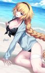  alternate_costume bangs beach bikini black_bikini black_hairband blonde_hair blue_eyes blue_sky blue_sweater braid breasts cardigan cleavage cloud collarbone commentary_request day eyebrows_visible_through_hair fate/grand_order fate_(series) front-tie_top hair_between_eyes hairband hand_on_own_chest hands_on_ground jeanne_d'arc_(fate)_(all) jeanne_d'arc_(swimsuit_archer) kousaki_rui large_breasts long_braid long_hair looking_at_viewer ocean open_cardigan open_clothes open_mouth sand signature single_braid sitting sky sweater swimsuit thigh_strap very_long_hair waves 