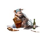  ankle_boots bangs blue_hair blush boots bottle breasts brown_footwear draph drunk full_body granblue_fantasy holding holding_bottle horns kneeling lamretta large_breasts long_hair looking_away minaba_hideo official_art open_mouth pantyhose pointy_ears smile spill transparent_background 