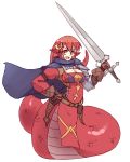  :d alternate_costume belt breasts brown_gloves cape cleavage gloves hair_ornament hand_on_hip highres holding holding_sword holding_weapon lamia large_breasts left-handed long_hair long_sword looking_at_viewer miia_(monster_musume) monster_girl monster_musume_no_iru_nichijou open_mouth orange_eyes pelvic_curtain pointy_ears pouch purple_cape red_hair rtil scales shoulder_armor simple_background smile solo spaulders sword weapon white_background 