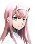  closed_mouth darling_in_the_franxx eyeshadow green_eyes hairband horns long_hair looking_at_viewer makeup murasaki_saki pink_hair portrait simple_background sketch smile solo white_background zero_two_(darling_in_the_franxx) 