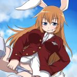 animal_ears blue_eyes blue_panties bunny_ears bunny_tail charlotte_e_yeager cloud cloudy_sky commentary day flying grin hand_on_hip hanya_(hanya_yashiki) jacket long_hair long_sleeves military military_uniform no_pants orange_hair panties panty_pull pulled_by_self red_jacket shirt sky smile solo strike_witches striker_unit tail underwear uniform white_shirt world_witches_series 