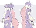  blush breasts doudanuki_masakuni fingers_together genderswap genderswap_(mtf) height_difference hetero highres hug hug_from_behind jacket japanese_clothes large_breasts limited_palette looking_at_another looking_back mikazuki_munechika ouse_(otussger) pants pectorals ribbed_sweater sweater touken_ranbu track_jacket track_pants track_suit 