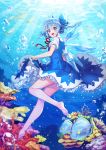  :d air_bubble bare_legs barefoot blann blue_bow blue_dress blue_eyes blue_hair blurry_foreground blush bow bubble cirno commentary coral dress dress_lift eyebrows_visible_through_hair fish from_behind full_body hair_between_eyes hair_bow highres ice ice_wings leg_up lifted_by_self light_rays looking_at_viewer neck_ribbon open_mouth petticoat pinafore_dress red_neckwear red_ribbon ribbon shirt short_hair smile solo thighs touhou underwater white_shirt wing_collar wings 