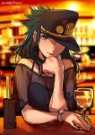  bare_shoulders blurry blurry_background camisole closed_mouth commentary_request cup depth_of_field detached_sleeves drinking_glass genderswap genderswap_(mtf) green_eyes green_hair hat highres jojo_no_kimyou_na_bouken kotatsu_(g-rough) kuujou_joutarou long_hair looking_at_viewer one_eye_covered peaked_cap signature sketch smile solo stardust_crusaders watch wine_glass wristwatch 