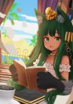 animal_ears anubis_(monster_girl_encyclopedia) bare_shoulders blue_sky blurry blurry_background blurry_foreground blush book cloud collar commission curtains depth_of_field dress embarrassed green_eyes green_hair hair_ornament highres holding holding_book indoors kirimatsu looking_at_viewer monster_girl monster_girl_encyclopedia parted_lips paws sky snake_hair_ornament solo third-party_source white_dress window wolf_ears 