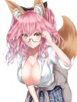  absurdres alternate_costume animal_ear_fluff animal_ears blush breasts cleavage clothes_around_waist fate/grand_order fate_(series) fox_ears fox_tail glasses highres jacket_around_waist kamehito large_breasts long_hair looking_at_viewer pink_hair school_uniform semi-rimless_eyewear shirt skirt smile solo tail tamamo_(fate)_(all) tamamo_jk_(fate) tamamo_no_mae_(fate) twintails unbuttoned yellow_eyes 