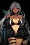  azur_lane bare_shoulders belt bikini_top black_hair black_jacket bodypaint breasts brown_eyes choker cleavage collarbone commentary cowboy_shot dark_skin facepaint grey_hair grey_nails hand_up highres jacket jewelry large_breasts long_hair long_sleeves looking_at_viewer massachusetts_(azur_lane) multicolored_hair nail_polish naruwe native_american navel necklace open_clothes open_mouth partially_unzipped red_eyes silver_hair skindentation solo stomach swimsuit swimsuit_under_clothes tan thigh_strap thighs toned zipper 