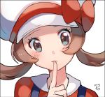  bow brown_eyes brown_hair cabbie_hat closed_mouth finger_to_mouth frown hat hat_bow head_tilt highres index_finger_raised kotone_(pokemon) long_hair looking_at_viewer pokemon pokemon_(game) pokemon_hgss portrait red_bow ririmon simple_background solo twintails upper_body white_background white_hat 