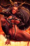  absurdres areola_slip areolae breasts chaos_(warhammer) claws demon_girl demon_horns ember_(khornette_quest) floating_hair grey_hair hand_to_own_mouth hand_up head_fins highres horns khornette_quest knee_up large_breasts long_hair looking_at_viewer molten_rock moulin_brush original red_eyes red_skin revealing_clothes scales shoulder_armor sitting slit_pupils smile solo spaulders spread_legs warhammer_40k 