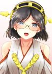  black_hair blue_eyes commentary_request detached_sleeves glasses green-framed_eyewear hairband headgear highres kantai_collection kirishima_(kantai_collection) koru_pera looking_at_viewer open_mouth round_teeth short_hair solo teeth tongue 