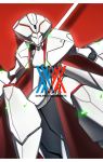  copyright_name darling_in_the_franxx drop_shadow green_eyes highres holding holding_weapon mecha murasaki_saki no_humans red_background robot solo standing weapon 