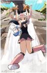  armpits arms_up beanie black_eyes black_legwear black_shirt blue_hair blue_sky blush boots border breasts cloud commentary_request day emphasis_lines full_body gen_4_pokemon hair_ornament hairclip hat highres hikari_(pokemon) knee_boots kneehighs knees_together_feet_apart long_hair looking_at_viewer o_o open_mouth outdoors pink_footwear pink_scarf pink_skirt piplup poke_ball_symbol poke_ball_theme pokemon pokemon_(creature) pokemon_(game) pokemon_dppt ririmon scarf shirt skirt sky sleeveless sleeveless_shirt small_breasts staraptor sweat tears water waterfall white_border white_hat 