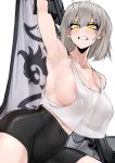  ahoge areola_slip areolae armpits banner breasts cleavage collarbone commentary cowboy_shot english_commentary eyebrows_visible_through_hair fate/grand_order fate_(series) hair_between_eyes highres holding holding_staff j.k. jeanne_d'arc_(alter)_(fate) jeanne_d'arc_(fate)_(all) large_breasts shorts sideboob silver_hair solo staff tank_top 