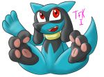  3_toes ambiguous_gender anthro black_fur blue_fur foot_focus fur hi_res multicolored_fur nintendo pawpads paws pok&eacute;mon pok&eacute;mon_(species) red_eyes riolu simple_background solo thefurryking1 toes video_games white_background 