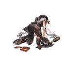  all_fours bottle breasts brown_footwear draph drunk from_behind full_body granblue_fantasy grey_hair hat horns lamretta long_hair medium_breasts minaba_hideo official_art pointy_ears rainbow solo sparkle transparent_background vomiting vomiting_rainbows 