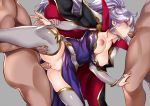  1girl 2boys belt boots bracelet breasts cape cleavage clitoris collarbone cum cum_in_mouth cum_in_pussy cumdrip detached_sleeves double_penetration dress elbow_sleeve fellatio fire_emblem fire_emblem:_seisen_no_keifu fire_emblem_heroes gloves grabbing group_sex hair_between_eyes hair_ornament high_ponytail ishtar_(fire_emblem) jacket_on_shoulders jewelry kaori_hero knee_boots large_breasts multiple_boys nimji nipples oral outstretched_arms penis ponytail purple_dress purple_eyes pussy sex shaved_pussy silver_hair simple_background spitroast spread_arms spread_legs strapless strapless_dress thigh_boots thighhighs thighs third-party_edit uncensored white_footwear white_gloves 