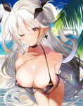  absurdres antenna_hair areola_slip areolae azur_lane bangs beach bikini bird black_bikini black_ribbon blue_sky blurry blurry_background blush breasts brown_eyes cameltoe choker cleavage closed_mouth cloud collarbone commentary_request covered_nipples cross cross_earrings day earrings eyebrows_visible_through_hair finger_to_mouth hair_between_eyes highres iron_cross jewelry large_breasts leaning_forward long_hair looking_at_viewer micro_bikini mole mole_on_breast multicolored_hair ocean one_eye_closed outdoors palm_tree pomu_(pomu_me) prinz_eugen_(azur_lane) red_hair ribbon sand side-tie_bikini silver_hair sky smile solo streaked_hair swimsuit thighs tree two_side_up very_long_hair 