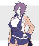  blush breasts cleavage closed_mouth genderswap genderswap_(mtf) hair_over_one_eye hand_on_hip jacket large_breasts limited_palette looking_at_viewer medium_hair messy_hair oodenta_mitsuyo open_clothes open_jacket ouse_(otussger) touken_ranbu 