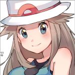  bare_shoulders blue_(pokemon) blue_eyes blush breasts closed_mouth hat highres light_brown_hair long_hair looking_at_viewer medium_breasts pokemon pokemon_(game) pokemon_frlg porkpie_hat portrait ririmon simple_background smile solo upper_body white_background white_hat 