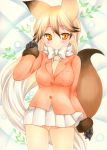  animal_ears bangs black_gloves black_hair blonde_hair blush bow bowtie breast_pocket breasts closed_mouth cowboy_shot extra_ears eyebrows_visible_through_hair ezo_red_fox_(kemono_friends) fox_ears fox_girl fox_tail fur-trimmed_sleeves fur_trim gloves gradient_hair hair_between_eyes highres jacket kemono_friends long_hair long_sleeves marker_(medium) medium_breasts miniskirt multicolored_hair necktie orange_eyes orange_jacket pantyhose pleated_skirt pocket skirt solo straight_hair tail tail_raised traditional_media very_long_hair white_bow white_hair white_neckwear white_skirt yellow_legwear yellow_neckwear yoruoujito-tsukinohime 