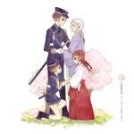  1girl age_comparison bob_cut boots brown_hair cherry_blossoms closed_eyes eye_contact female_saniwa_(touken_ranbu) fujimaru_mirai gloves grey_hair hakama hanten_(clothes) hat hirano_toushirou holding_hands japanese_clothes jewelry kimono little_girl_saniwa_(touken_ranbu) long_sleeves looking_at_another miko military military_hat military_uniform necklace old_woman older one_knee red_hakama saniwa_(touken_ranbu) shorts tears touken_ranbu tree uniform white_gloves 