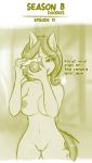 2018 anthro anthrofied areola breasts camera changeling dialogue disguise english_text equine female friendship_is_magic horn jcosneverexisted mammal monochrome my_little_pony nipples pussy queen_chrysalis_(mlp) shutter_bug_(mlp) solo text unicorn 
