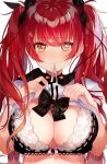  alternate_costume azur_lane bangs black_bow black_ribbon blush bow bowtie bowtie_removed bra breasts brown_eyes cleavage commentary_request embarrassed eyebrows_visible_through_hair hair_bow honolulu_(azur_lane) lace lace-trimmed_bra large_breasts lifted_by_self lingerie long_hair looking_at_viewer mouth_hold pomu_(pomu_me) rain red_hair ribbon school_uniform shirt shirt_lift short_sleeves sidelocks simple_background solo sweat twintails underwear upper_body wet white_background white_shirt 