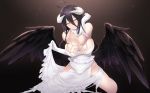  ahoge albedo bangs bare_shoulders black_hair black_wings blush breasts cait collarbone commentary demon_girl demon_horns detached_collar dress elbow_gloves feathered_wings gloves hair_between_eyes highres hip_vent horns kneeling large_breasts long_hair looking_at_viewer low_wings overlord_(maruyama) smile solo thighs white_dress white_gloves wings yellow_eyes 