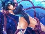  1girl bangs bare_legs bare_shoulders barefoot behind blue_hair breasts bubbles cameltoe closed_mouth covered_navel curvy erect_nipples female fingernails green_eyes hands head highres igawa_asagi kagami_hirotaka ladder large_breasts lilith-soft long_hair looking_at_viewer official_art one-piece_swimsuit parted_lips pool restrained school smile solo swimsuit taimanin_(series) taimanin_asagi taimanin_asagi_zero tentacle thighs underwater weapon wet wet_clothes wet_skin wrapped 