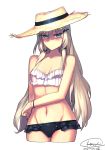 absurdres alternate_costume an-94_(girls_frontline) arm_across_waist bangs bare_shoulders bikini bikini_skirt blonde_hair blue_eyes blush breasts cleavage closed_mouth collarbone commentary_request cropped_legs dated eyebrows_visible_through_hair eyes_visible_through_hair frilled_bikini frills girls_frontline groin hair_ornament hair_ribbon hat highres korean_commentary leonat long_hair looking_at_viewer lowleg lowleg_bikini medium_breasts navel ribbon shaded_face sidelocks signature simple_background solo stomach straw_hat sun_hat sweatdrop swimsuit thighs tress_ribbon white_background wristband 