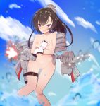  akizuki_(kantai_collection) blush breasts brown_hair caburi chou-10cm-hou-chan cloud day embarrassed firing gloves hachimaki hair_ornament hairband headband headgear image_sample kantai_collection knees_together_feet_apart long_hair looking_away machinery navel nipples nude outdoors ponytail purple_eyes pussy rigging sky thigh_strap uncensored v-shaped_eyebrows water water_drop weapon 
