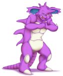  2016 alternate_version_at_source anthro band-aid bandage blue_eyes claws evil_look featureless_crotch fist_in_palm looking_at_viewer lurry male nidoking nintendo nude open_mouth open_smile pok&eacute;mon pok&eacute;mon_(species) purple_body simple_background smile solo video_games white_background white_claws 