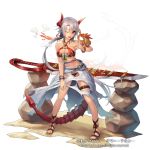  armor bikini bikini_armor breasts copyright_name copyright_request cuboon dragon dragon_tail fire food grey_hair grill grilling horns long_hair long_legs medium_breasts navel official_art one_eye_closed red_eyes simple_background solo swimsuit sword tail weapon white_background 