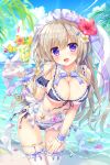  ameto_yuki animal_ears apron bikini blonde_hair blurry blurry_background blush breasts bunny_ears bunny_tail cleavage commentary_request cup day detached_collar detached_sleeves drinking_glass ecru_(ameto_yuki) eyebrows_visible_through_hair flower frilled_legwear hibiscus large_breasts leaning_forward leg_garter long_hair looking_at_viewer maid maid_bikini maid_headdress open_mouth original outdoors purple_eyes see-through swimsuit tail thighhighs tray waist_apron wrist_cuffs 