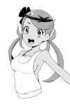  :d bangs bare_shoulders blush breasts covered_navel covered_nipples greyscale hairband long_hair looking_at_viewer mao_(pokemon) medium_breasts monochrome open_mouth overalls pokemon pokemon_(game) pokemon_sm sideboob smile solo swept_bangs tamagoroo_(funifuni_labo) twintails 