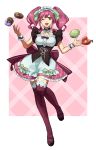  1girl ;d alternate_costume apron back_bow bow choker corset doughnut enmaided food frilled_skirt frills full_body green_bow hair_bow heart-shaped_food highres long_hair looking_at_viewer macross macross_delta maid maid_headdress makina_nakajima miniskirt one_eye_closed open_mouth orange_eyes pink_hair pink_skirt purple_bow purple_legwear ribbon shimatani_azu shiny shiny_hair short_sleeves skirt smile solo thighhighs twintails waist_apron white_apron white_ribbon wrist_cuffs zettai_ryouiki 