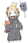  abigail_williams_(fate/grand_order) alternate_hairstyle bandaid_on_forehead bangs belt black_bow black_jacket blonde_hair blue_eyes blush bow calligraphy_brush closed_mouth commentary_request fate/grand_order fate_(series) forehead hair_bow hair_bun heroic_spirit_traveling_outfit high_collar holding holding_stuffed_animal jacket light_smile long_hair looking_to_the_side nanateru octopus orange_bow paintbrush parted_bangs simple_background sleeves_past_fingers sleeves_past_wrists solo stuffed_animal stuffed_toy teddy_bear thighs tokitarou_(fate/grand_order) white_background 