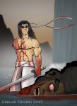  afro afro_samurai afro_samurai_(character) after_battle amputee black_hair blank_eyes bleeding blood blood_on_face bloody_clothes bloody_hands chest_scar commentary crossover dark_skin dark_skinned_male death english_commentary facial_hair fighting_stance guro headband holding holding_sword holding_weapon japanese_clothes katana kimono long_hair male_focus multiple_boys muscle open_mouth samuelfavreau samurai samurai_jack samurai_jack_(character) scar sheath shirtless sword teeth thick_eyebrows topknot torn_clothes very_dark_skin weapon 