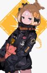  abigail_williams_(fate/grand_order) alternate_hairstyle andrian_gilang bandaid_on_forehead bangs belt black_bow black_jacket blonde_hair blue_eyes bow caution_tape commentary_request fate/grand_order fate_(series) forehead grin hair_bow hair_bun heroic_spirit_traveling_outfit high_collar highres holding holding_stuffed_animal jacket keep_out long_hair looking_at_viewer orange_bow parted_bangs polka_dot polka_dot_bow sleeves_past_fingers sleeves_past_wrists smile solo stuffed_animal stuffed_toy teddy_bear tentacles thighs white_background 