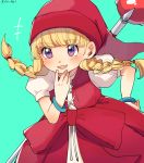 1girl :d aqua_background bangs blonde_hair blush bracelet braid dragon_quest dragon_quest_xi dress eyebrows_visible_through_hair eyes_visible_through_hair hand_on_own_chin hat highres jewelry long_hair open_mouth puffy_short_sleeves puffy_sleeves purple_eyes red_hat ririmon short_sleeves simple_background smile solo staff teeth twin_braids twitter_username veronica_(dq11) 