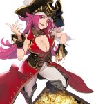  ahoge blue_eyes boots breasts cleavage cuffs fate/grand_order fate_(series) francis_drake_(fate) gold hat large_breasts long_hair open_mouth pink_hair pirate pirate_hat scar shirabi smile solo tricorne 