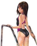  amagi_konoha ass brown_eyes brown_hair competition_swimsuit cowboy_shot highres katsura_masakazu long_hair looking_at_viewer non-web_source official_art one-piece_swimsuit parted_lips simple_background solo swimsuit wet white_background zetman 