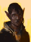  2018 absurd_res ambiguous_gender black_hair brown_skin bust_portrait clothed clothing colored_sketch commander_ledi ear_piercing elf hair hi_res humanoid not_furry piercing pointy_ears portrait simple_background solo 