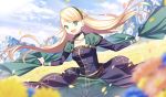  :d bangs black_choker blonde_hair blue_flower blue_sky blurry blurry_background blurry_foreground breasts choker cloud commentary_request day depth_of_field dutch_angle eyebrows_visible_through_hair fate/grand_order fate_(series) field flower flower_field gerda_(fate) green_eyes green_hairband green_skirt hairband hamada_pochiwo highres holding jewelry long_hair long_sleeves looking_at_viewer medium_breasts mountain necklace open_mouth orange_flower outdoors petals round_teeth skirt sky smile solo standing swept_bangs teeth upper_teeth very_long_hair yellow_flower 