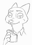  2d_animation animated anthro black_and_white canid canine chewing clothed clothing disney eating food fox half-closed_eyes holding_object loop male mammal monochrome nick_wilde sandwich_(food) simple_background solo tggeko white_background zootopia 